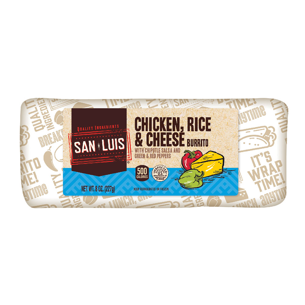 San Luis Chicken, Rice and Cheese Burrito label
