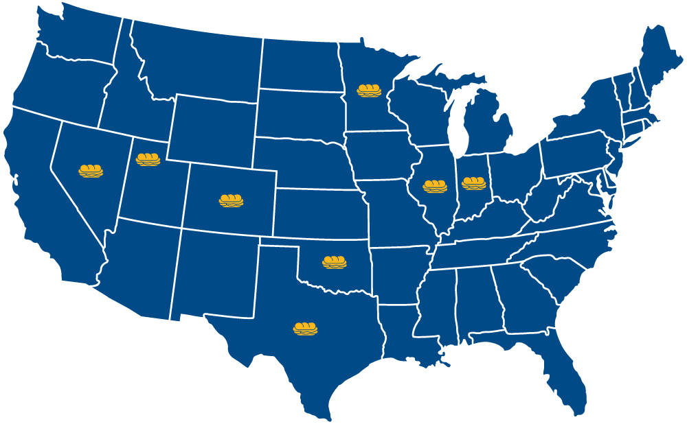 EAS Sween Career locations on U.S. Map. States include Nevada, Utah, Colorado, Oklahoma, Texas, Minnesota, Illinois and Indiana.